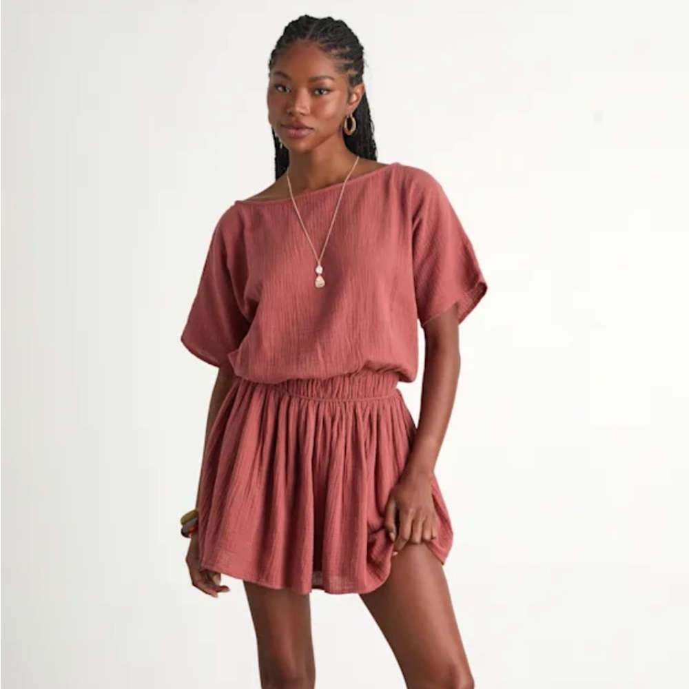 Lulu’s Aevorn Rusty Rose Gauzy Short Sleeve Mini Dress